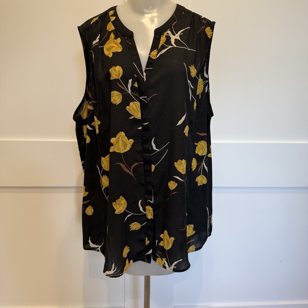 Chelsea & Theodore Black Mustard Floral Sleeveless Blouse Work To Weekend XXL
